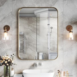 SL4U 24 x 36 Inch Gold Aluminum Alloy Framed Bathroom Mirror, Tempered Glass, Rounded Rectangle Bathroom Mirror, Hangs Vertical & Horizontal