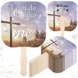 Tradder 50 Pcs Christian Church Thick Paper Fans Religious Handheld Fan Bulk Wooden Handle Hand Fans Religious Gifts Parlor Fans for Church Services Women Men Decoration(I Can Do All Things)