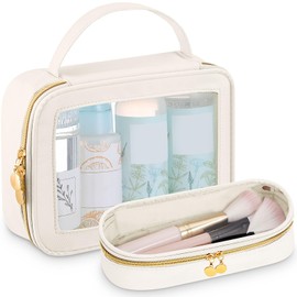 Abbylike Clear Makeup Bag with Makeup Brush Bag Travel Nylon Cosmetic Pouch Toiletry Organizer Transparent Waterproof Car Storage Case Skincare Essentials Pouch with Golden Zipper for Women(White)