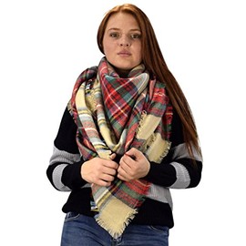 Peach Couture Warm Tartan Plaid Woven Oversized Fringe Scarf Blanket Shawl Wrap Tan