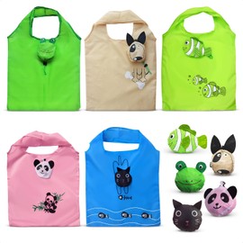 5Pcs Cute Reusable Grocery Bags in Pouch - Animal Bag Reusable Bags With Handles Reusable Shopping Bags Foldable Tote Bag in Bag Washable Grocery Bags Foldable Reusable Shopping Bag Mini Reusable Bag