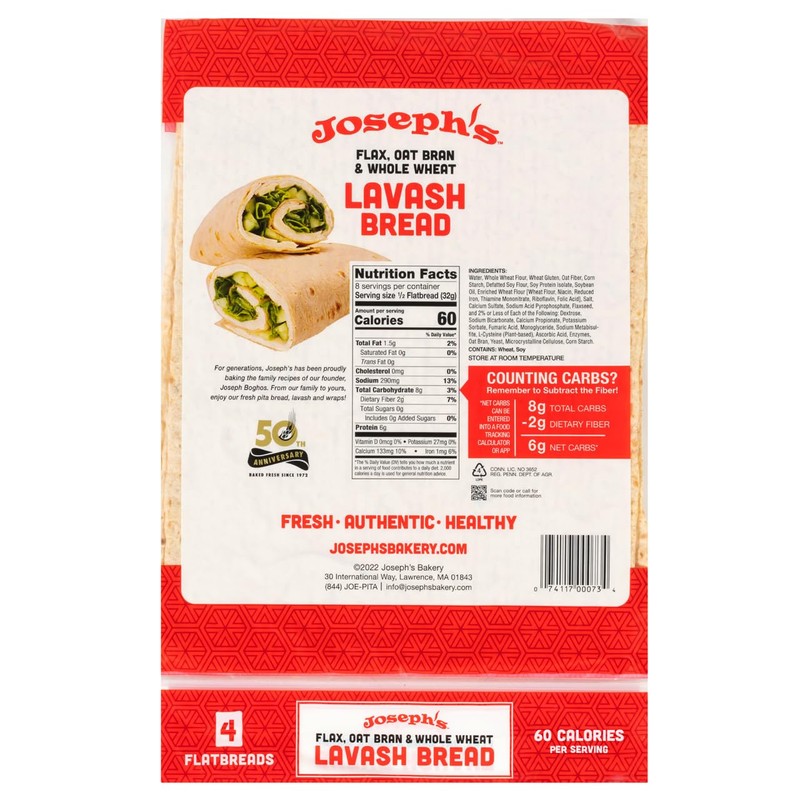 Joseph's Bakery Lavash Bread, Flax Oat Bran & Whole Wheat,