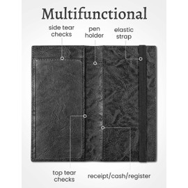 Yarnic Checkbook Cover for Personal Checkbook, Checkbook Holder with Pen Holder & Built-in Clear Plastic Divider for Duplicate Checks (Black)