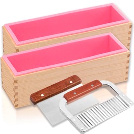 LERYKIN Rectangular Soap Mold Kit with Cutter- 42oz Flexible Silicone Loaf Soap Mold with Wood Box, Stainless Steel Wavy & Straight Scraper for Homemade Craft Soap Making Supplies