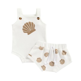 Newborn Baby Girl Summer Outfits Ribbed Sleeveless Romper Bodysuit Top and Ruffle Shorts Headband Clothes Sets (White Shell, 12-18 Months)