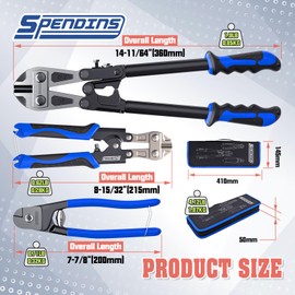 SPENDINS 3-Piece Bolt Cutter Set, 14" Heavy Duty Bolt Cutters, 8" Mini Bolt Cutters and 8" Wire Rope Cutter with Carrying Case, Ergonomic Handles, Cr-V Blades for Cutting Locks, Chains, Iron Wire