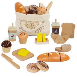 PairPear Wooden Bakery Toy Set Wooden Toy Food Breakfast Play Set Kitchen Accessories for Role Play Cutting Food Accessories for Children's Kitchen Gift for Boys Girls
