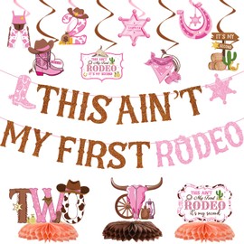 This Ain't My First Rodeo It's My Second Decorations, Gameza 13PCS Cowgirl 2nd Birthday Party Banners with Hanging Swirls Decoration, Western Rodeo Theme 2 Years Old Bday Honeycomb Centerpieces Decor