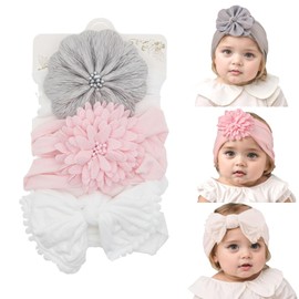 Kenjudess 3pcs Baby Girl Flower Nylon Headbands Soft Stretchy Donut Top Knot Wide Turban Hairbands Hair Bows Accessories for Newborn Infants Toddlers (Grey+White+Pink, Standard Small)