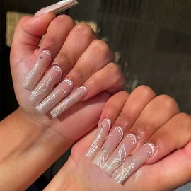 RikView Long Press on Nails Square Fake Nails Nude Nails with Rhinestones Glossy Nails for Women 24 PCS/Set