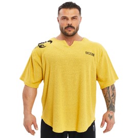 Men's Gym T-Shirt Active Wear Bodybuilding Lifting Oversize Rag Top | Towel Texture, Cotton Training Top (Yellow, S)