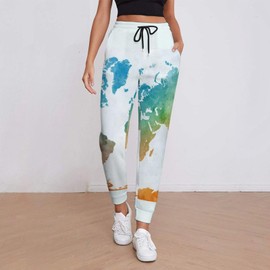 World Map in Watercolor Painting Abstract Splatters Women's Sweatpants, Activewear Sport Pants, Drawstring Elastic Waist with Pockets Lounge Pants for Women Home Yoga Gym (M)