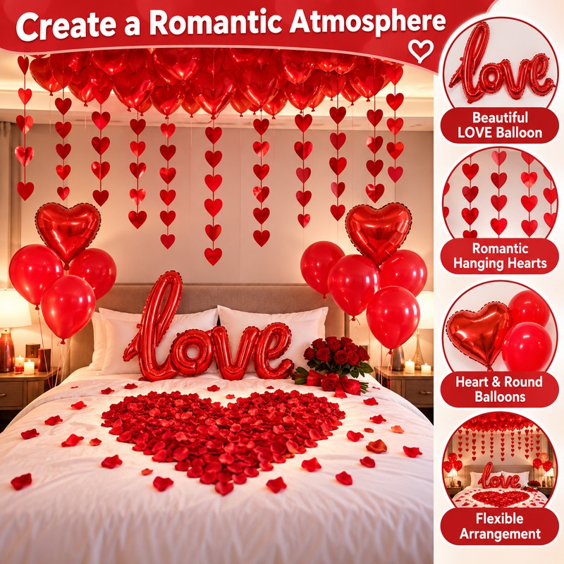 Romantic Red Heart Balloon Decoration Set with Hanging Heart Strands,