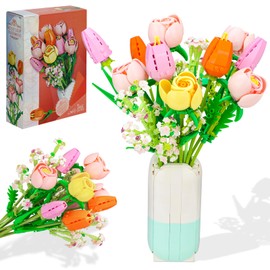 QMUNST Flowers Bouquet Building Set, Artificial Rose Tulip Flower for Decorative Home, Botanical Collection Building Blocks Toy, Plant Decor Gifts for Mother's Day, Birthdays, Anniversaries,1011pcs