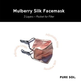 PURE SOL. Mulberry Silk Face Mask 3 Layers w/Filter Pocket, Reusable, Washable