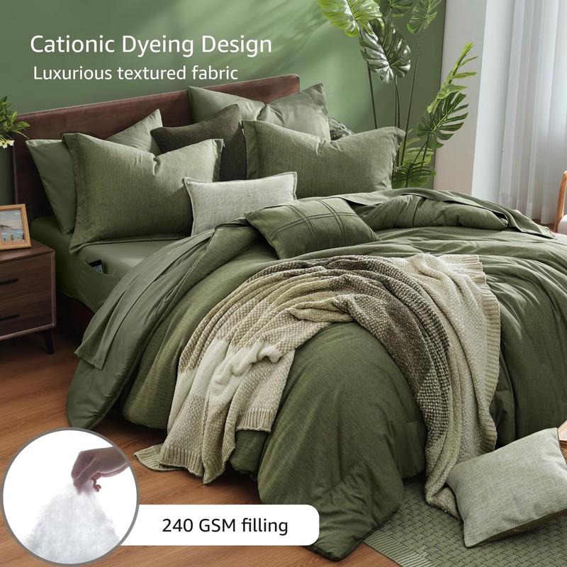 Monbix Queen Comforter Set - 7 Pieces Cationic Dyeing Olive
