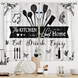 Riyidecor Rustic Kitchen Curtains Quotes Wooden Plank Farmhouse Country Butterfly Leaves Rod Pocket Short Small Vintage Retro Fork Spoon Bedroom Living Room Treatment Fabric 2 Panels 27.5Wx39H Inch