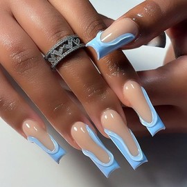 DOCVOEOMH Long Press on Nails Square French Blue Acrylic Fake Nails with 3D Wave Lines Design Glue on Glossy Full Cover Artificial Gel False Stick on Nail for Girls Women Wedding 24Pcs