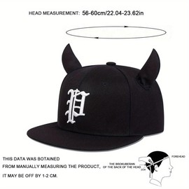 Unisex Gothic P Letter Embroidered Horns Hip Hop Hat Turning Hat Outdoor Sport Adjustable Sunscreen Leisure Hat Spring Autumn Travel Vacation - Color: black