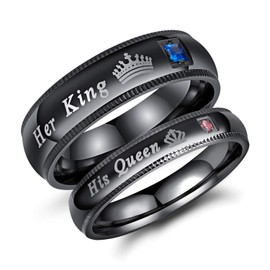 2Pcs Black Stainless Steel His Queen & Her King Couples Rings Set Wedding Engagement Band (Male Size 9 & Female Size 8)