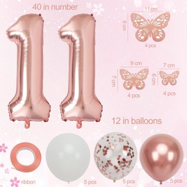 11th Birthday Decorations Girl with Butterfly Decor and Rose Gold Balloons, Rose Gold 11th Birthday Girl Party Decorations with 40 in Number Balloons