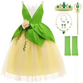 TYHTYM Princess Tiana Costume Girls Princess and the Frog Cosplay Dress Up Fancy Gown Toddler Holiday Birthday Party (Green, 6-7Y)