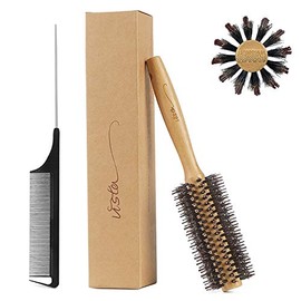 Vista Cepillo redondo de bambú con peine de cola de alfiler, cepillo de cerdas de jabalí natural, cepillo redondo para secado por soplado para mujeres