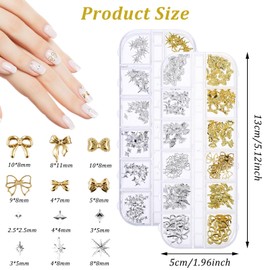 cobee 2 Boxes Mixing Nail Charms, Metal Gold Silver Nail Gemstones Decorative Star Bows 3D Nail Decorations for Nail Design Accessories