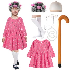 Old Lady Costume for Kids Girls 5t -6t 100 Days of School Costume Outfit 100th Day of School Dress Up for Girls Kids Granny Grandma Costume Old Person 100 Year Old Costume Old Lady Dress Wig for Kids