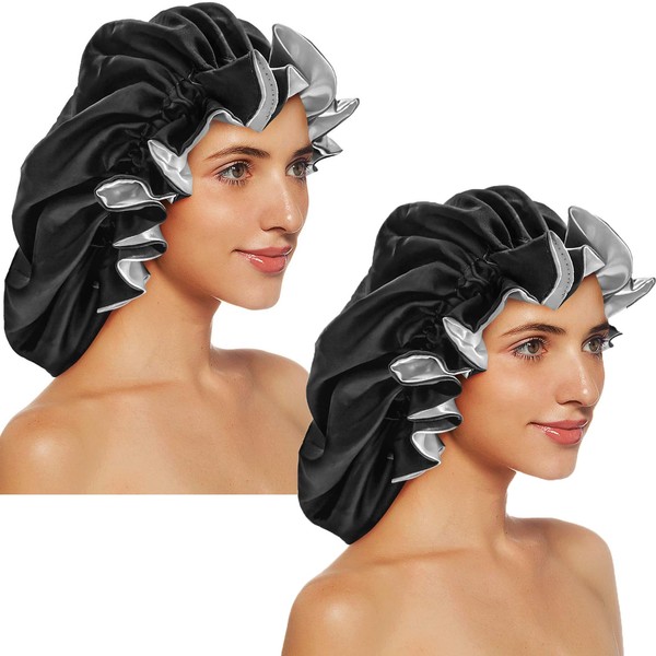 Extrapins 2 PCS Double Layer Extra Large Satin Sleeping Cap,Silk