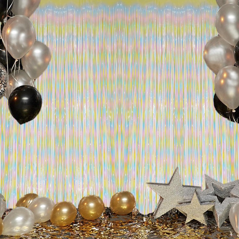 DECOCKRAT 2 Pack Foil Fringe Backdrop - Pastel Rainbow Shiny