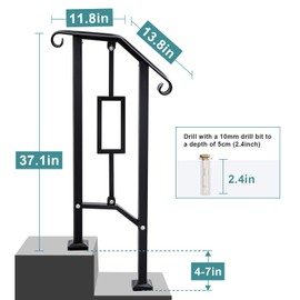 LMRSTOO Black Outdoor Handrails - Heavy Duty Double Post Railing Fits 1-2 Steps with Installation Kit - Matt Iron for Concrete Porch
