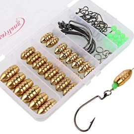 (Fishing Sinkers Kit) - Sougayilang Fishing Sinkers Set with Brass Sinker Weights Jig Hooks Fishing Swivel Ring Connector Plastic Box for Freshwater Saltwater Bass Fishing