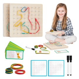 Zycolo 2Pack Wooden geoboards with Rubber Bands Montessori Toys, Mathematical Education Toy for Kids with Pattern Cards and geo Boards to Figures and Shapes, Brain Teaser STEM Toys for Classroom.