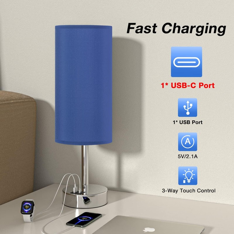 Navy Blue Touch Lamp for Boys - Small Nightstand Lamp