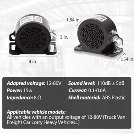 MIRKOO Backup Alarm 110dB 12V-80V DC Waterproof Industrial Heavy-Duty Backup Reverse Warning Alarm Super Loud Beeper for Truck Van Freight Car Lorry Heavy Vehicles (Self-Grounding Metal Sheet)