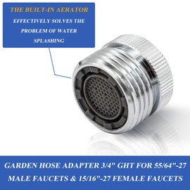 Faucet Adapter with Aerator Sink Hose Attachment for Faucet Sink Faucet to Garden Hose Adapter 3/4" GHT Thread Chrome Faucet Adapter to Hose for Kitchen and Bathroom, with Aerator Remove Key & Tape