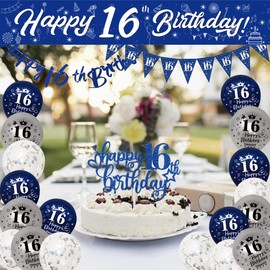 Yontree 16th Birthday Decorations for Boys - Navy Blue & Silver Banners, Party Decoration with 9ft Banner, Bunting, Sash, Confetti, Latex Balloons, Triangle Flags & Cake Toppers