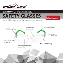 BISON LIFE Clear Lens Green Safety Glasses - 12 Pairs Protective Eyewear, Polycarbonate Impact Resistant Lens