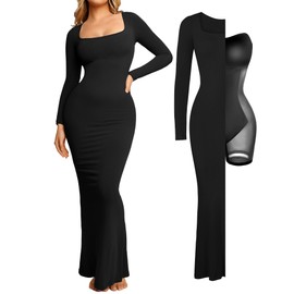 Popilush Long Sleeve Cocktail Dress for Women Fall Maxi Dresses Shapewear Tummy Control Bodycon Dress Built in Bra Black