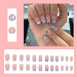 IFMOPETY French Press On Nails Short, White Blue Square Fake Nail, Reusable Stick On Nails in 12 Sizes - 24 Nail Kit, Blue Heart