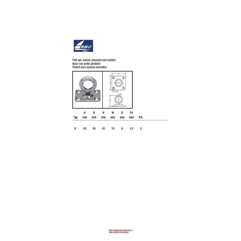 Eye Plate with Swivel Stainless Steel A4-AISI316-40 x 40 ARBO-INOX