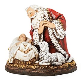 Joseph's Studio by Roman - Santa with Baby Jesus and Lamb Figure, Kneeling Santa Collection, 7.75" H, Resin and Stone, Christmas Decoration