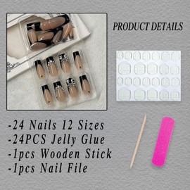 ROFIBUT Black French Tip Press on Nails Medium Square Fake Nails with Silver Bow Rhinestones Charms Designs French Tip False Nails Glossy Acrylic Nails Handmade Reusable Stick on Nails for Women 24Pcs