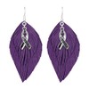 Purple Boho Survivor Charm Earrings Leather Feather Wire Jewelry Awareness