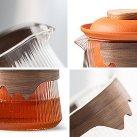 fanquare Ceramic Tea Pot Set for 2 Porcelain Kung Fu Tea Set with Mini Teacups Tea Infuser Portable Handbag for Travel Tea Pot with Wooden Protection Layer, Orange