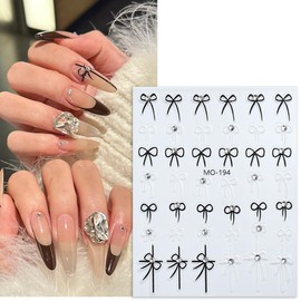 Valentine's Day Nail Art Stickers Embossed Bow Tie Nail Stickers with Nail Rhinestones Design French Nail Decals 3D Self Adhesive Red Black Bow Charms Nail Art Supplies for Women Nail Decor 4Sheets