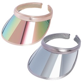 2 Pack Sun Visor Hats Women UV Sports Iridescent Multi Color Tennis Golf UPF Cap Headwear for Men Women Outdoor Summer Travel (Khaki & Silver)