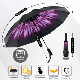 Trenovo Windproof Trave Inverted Umbrella, Reverse Compact Umbrellas for Rain, Portable Large Folding Sun UV Automatic Upside Down Umbrella for Car Backpack (Purple Flower)