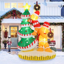 Tangkula 7 FT Lighted Christmas Inflatable Gingerbread Men Climbing Christmas Tree with LED Lights & Built-in Fan, Stakes & Ropes Included, Pre-Lit Xmas Holiday Decoration for Yard, Lawn